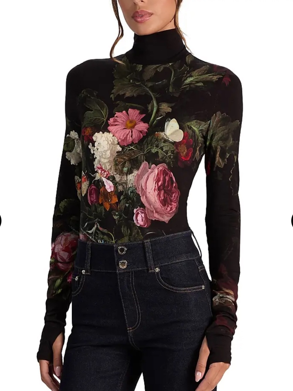 Alice + Olivia Floral Mock Neck Long Sleeve Top - Black/Pink